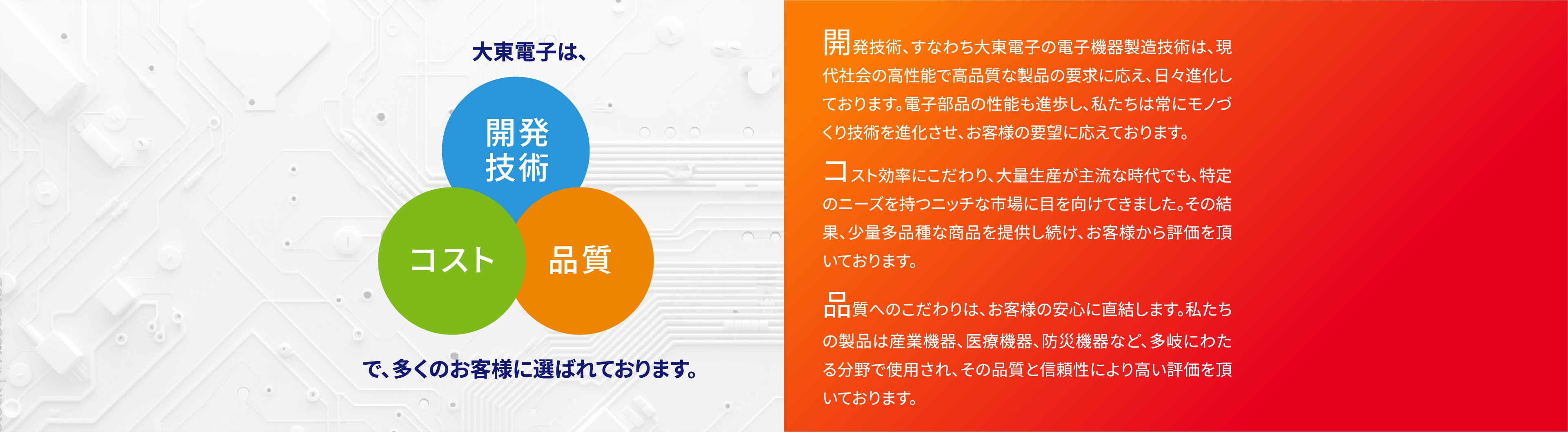 大東電子は開発技術・コスト・品質で、多くのお客様に選ばれております。